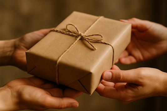 Ai generated image of a brown paper parcel being passed from one person to another. Only the hands and the gift are visible