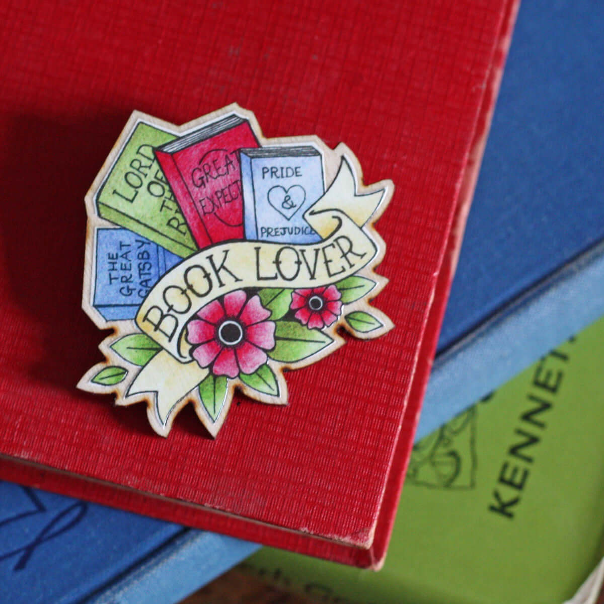 Brooch / Pin / Badge - Book Lover Tattoo - Wooden