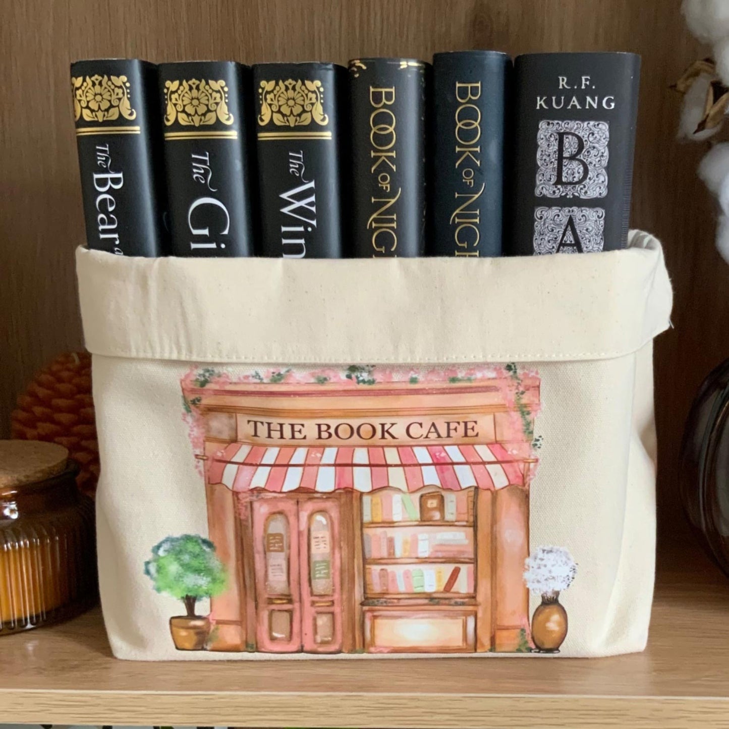 Book Basket / Canvas Organiser - Cosy Book Cafe